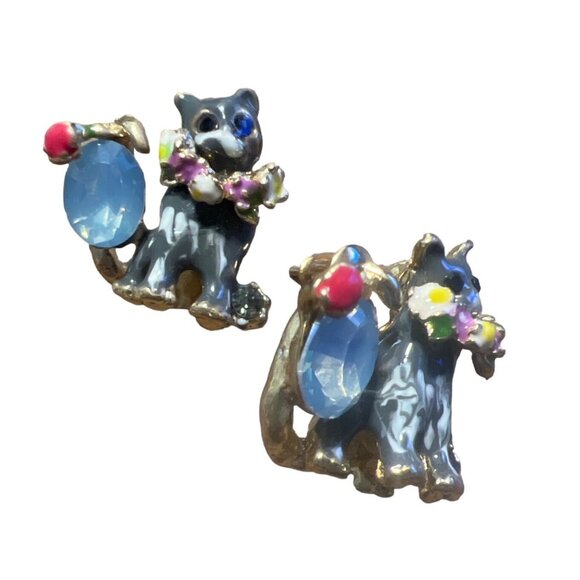 Cat Themed Earrings Enamel Crystal Stud Blue Flowers Cute Catlovers - Picture 2 of 6